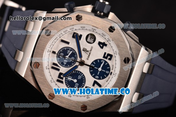 Audemars Piguet Royal Oak Offshore Navy Chronograph Swiss Valjoux 7750 Automatic Steel Case with Blue Rubber Strap White Dial and Blue Markers (JF) - Click Image to Close